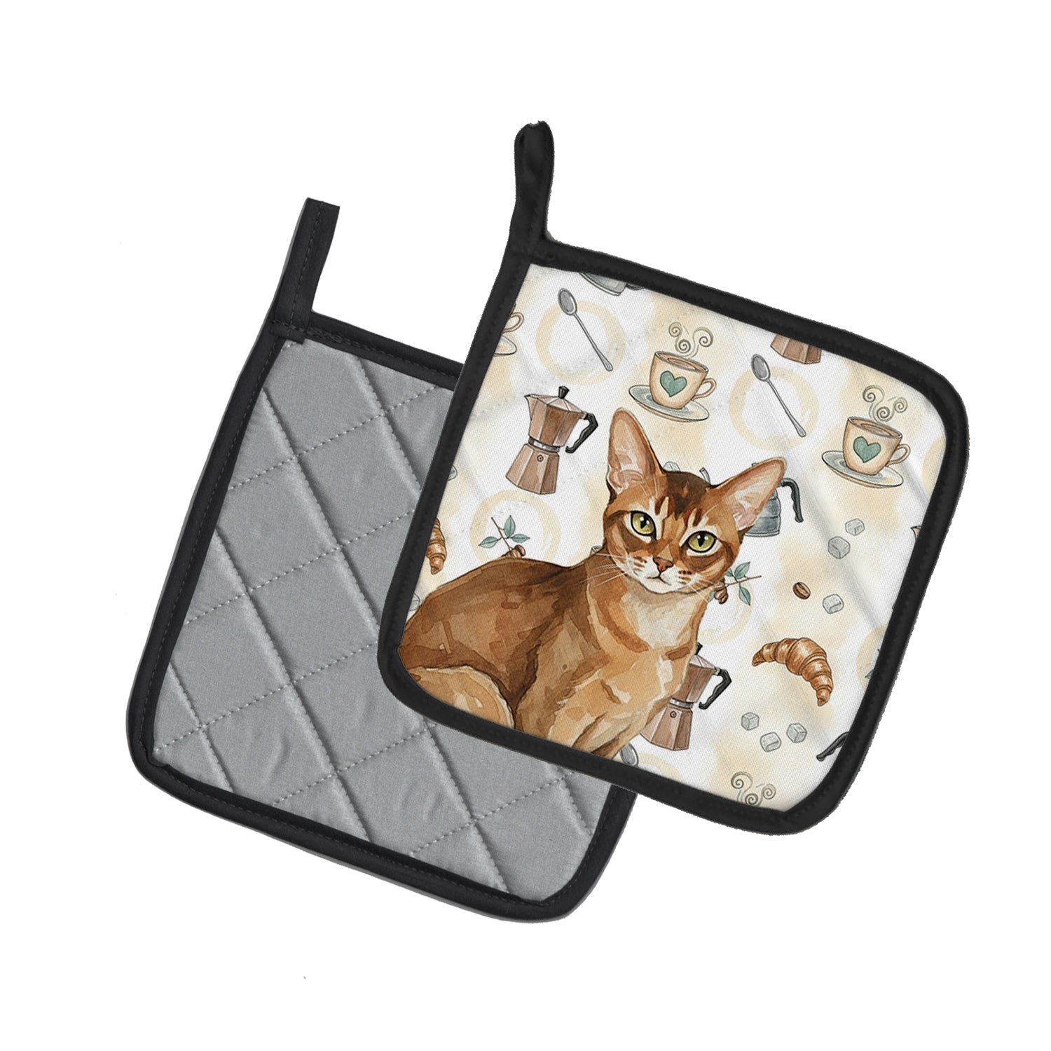 Ticked Tabby Brown Cat Coffee Time Pot Holder Set of 2 Heat Resistant Quilted Hot Pads 7.5 x 7.5 Inch, Insulated Kitchen Trivets for Cooking & Baking