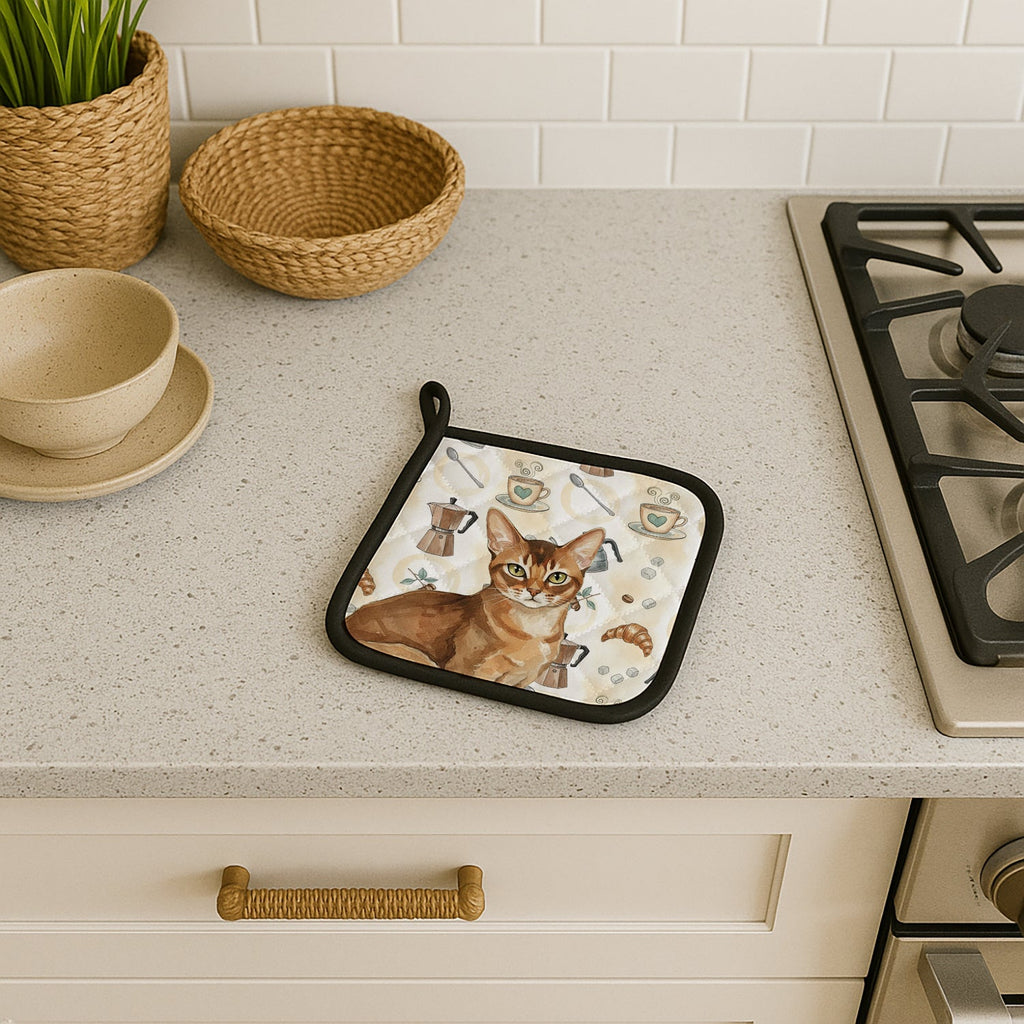 Ticked Tabby Brown Cat Coffee Time Pot Holder Set of 2 Heat Resistant Quilted Hot Pads 7.5 x 7.5 Inch, Insulated Kitchen Trivets for Cooking & Baking