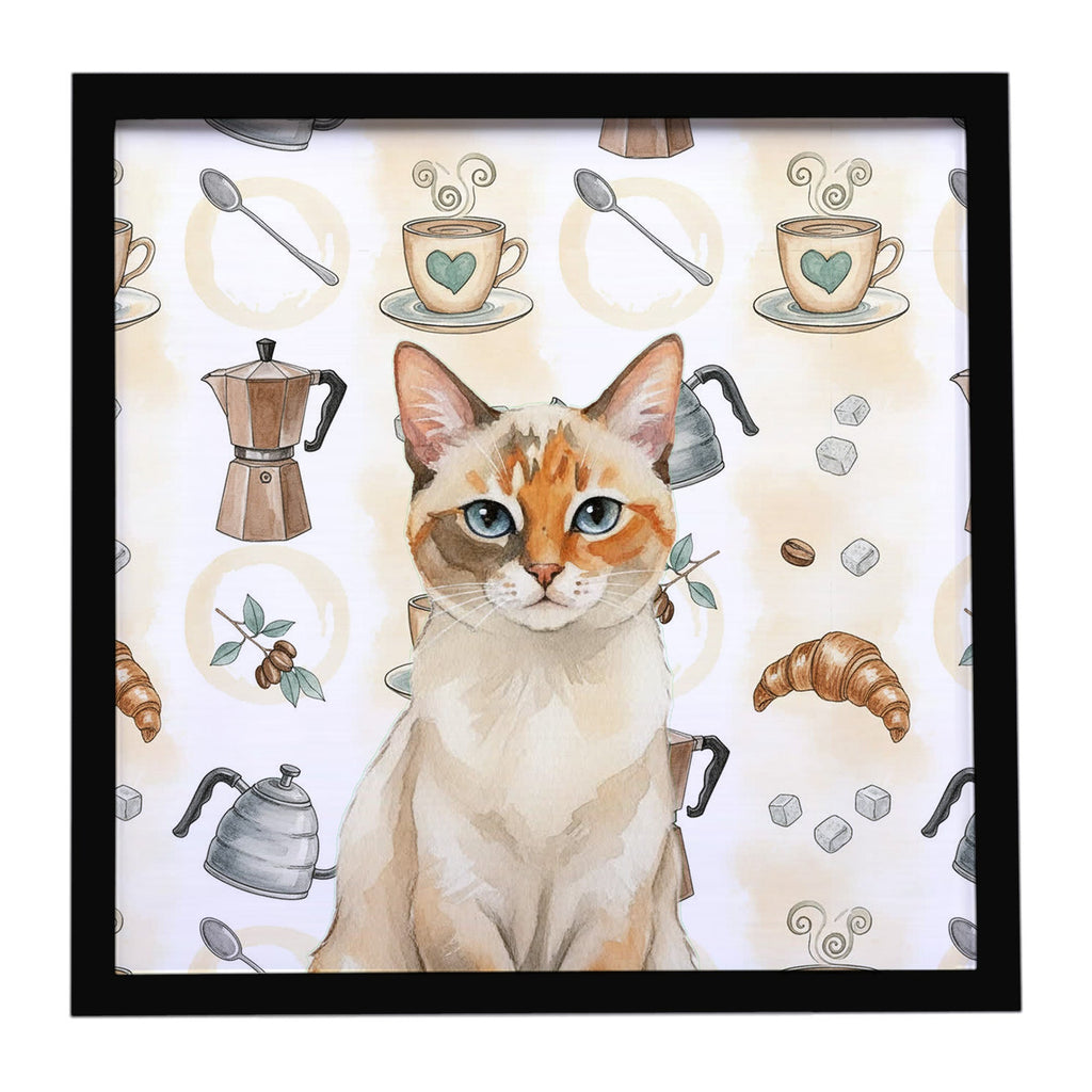 Tortie Point  Cat Coffee Time Framed Metal Print Bathroom, Kitchen, Office, Home Decor Wall Art Ready to Hang, Square, 8X8