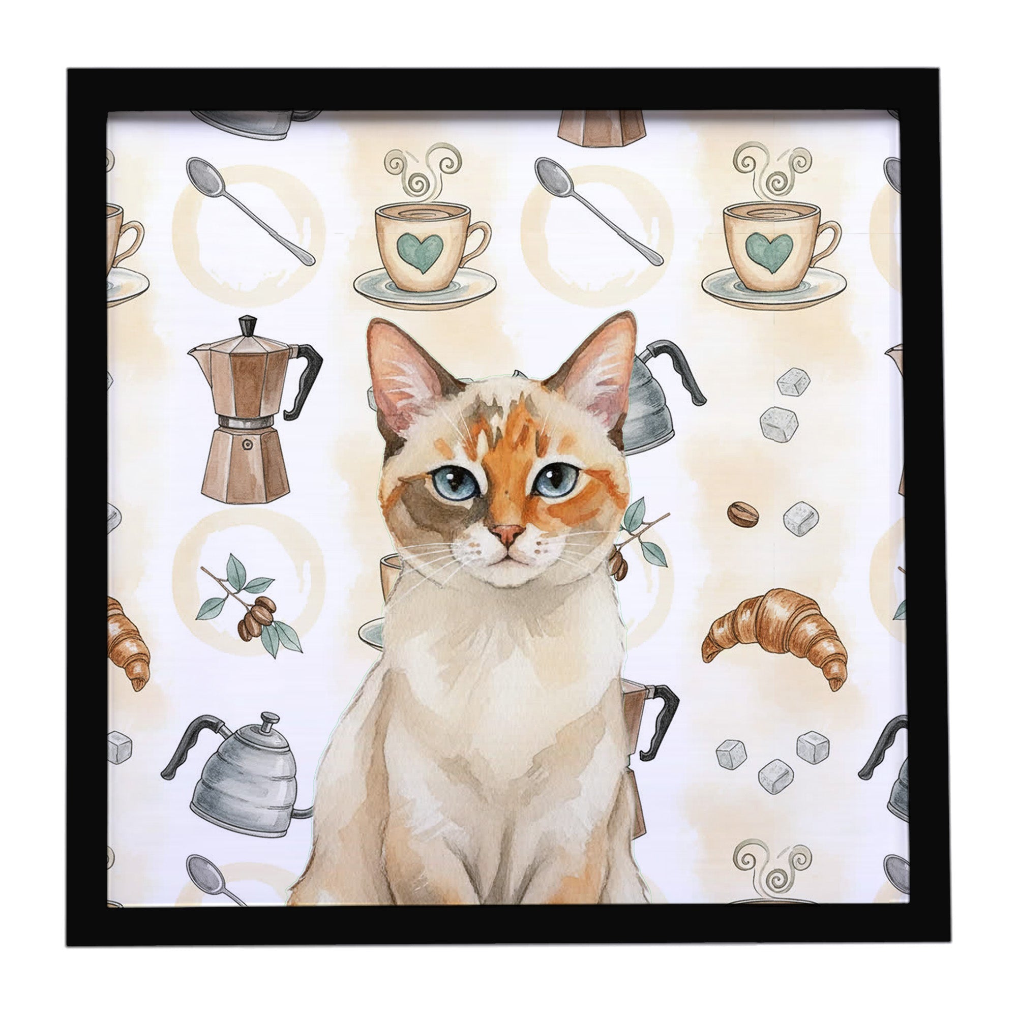 Tortie Point  Cat Coffee Time Framed Metal Print Bathroom, Kitchen, Office, Home Decor Wall Art Ready to Hang, Square, 8X8