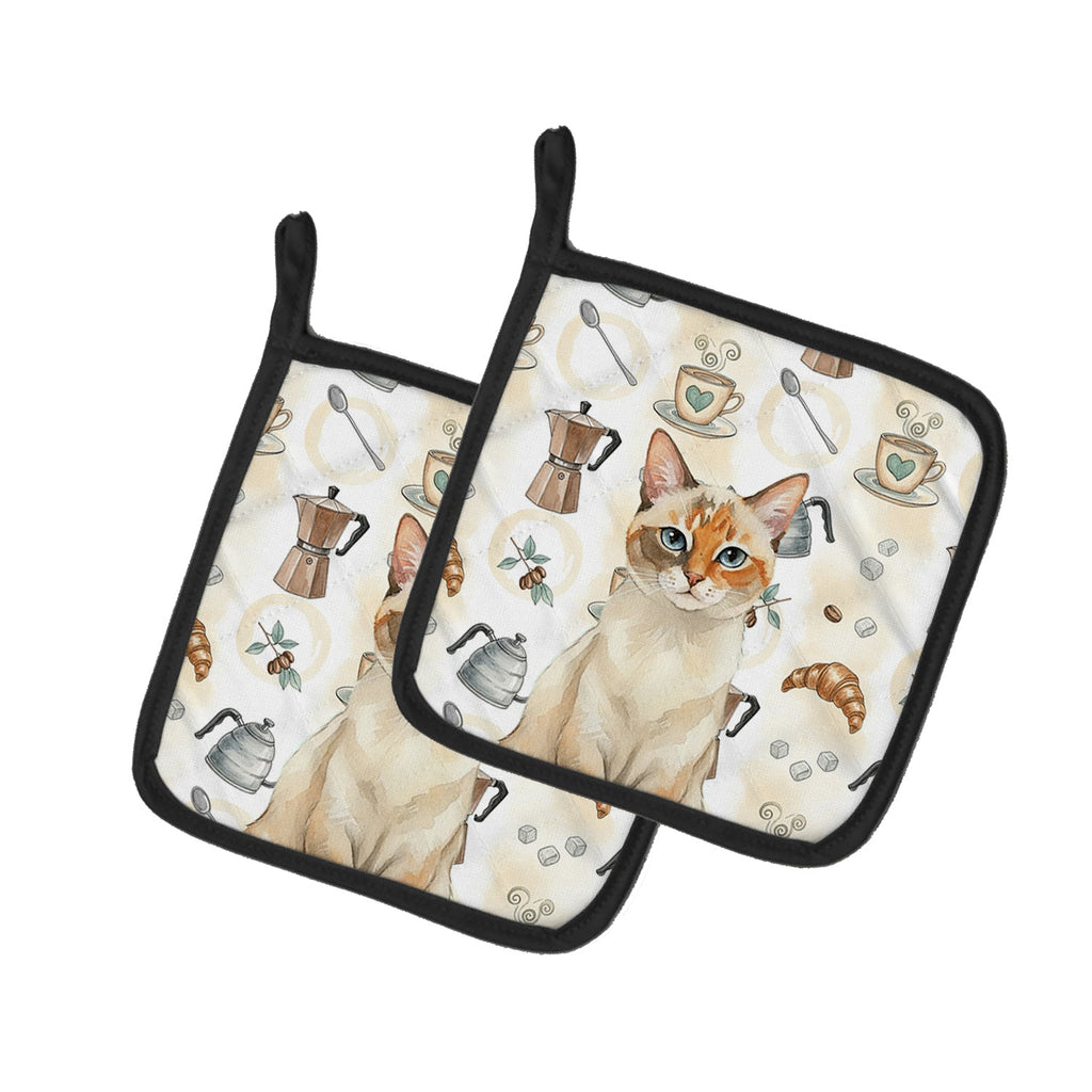 Tortie Point  Cat Coffee Time Pot Holder Set of 2 Heat Resistant Quilted Hot Pads 7.5 x 7.5 Inch, Insulated Kitchen Trivets for Cooking & Baking