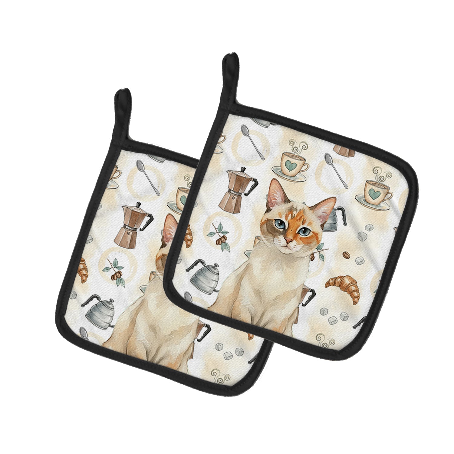 Tortie Point  Cat Coffee Time Pot Holder Set of 2 Heat Resistant Quilted Hot Pads 7.5 x 7.5 Inch, Insulated Kitchen Trivets for Cooking & Baking