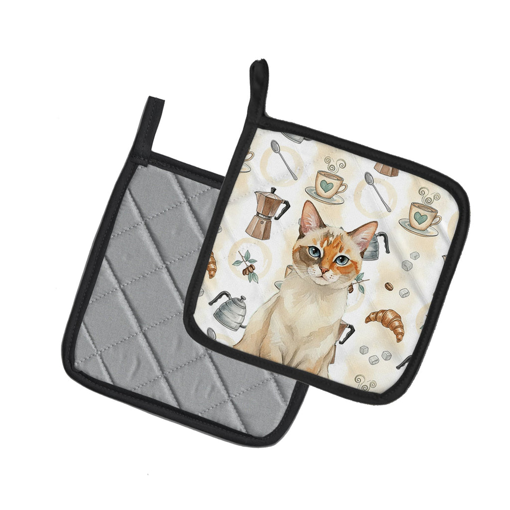Tortie Point  Cat Coffee Time Pot Holder Set of 2 Heat Resistant Quilted Hot Pads 7.5 x 7.5 Inch, Insulated Kitchen Trivets for Cooking & Baking