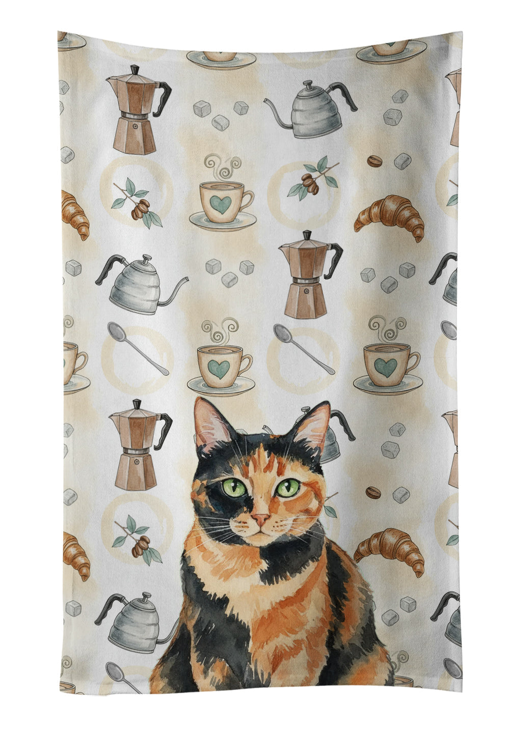 Tortoiseshell Cat Coffee Time Kitchen Towel Velour Plush Front and Cotton Loop Back Machine Washable