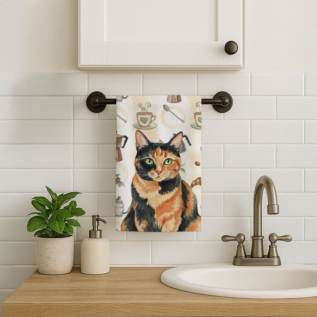 Tortoiseshell Cat Coffee Time Kitchen Towel Velour Plush Front and Cotton Loop Back Machine Washable