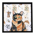 Tortoiseshell Cat Coffee Time Framed Metal Print Bathroom, Kitchen, Office, Home Decor Wall Art Ready to Hang, Square, 8X8