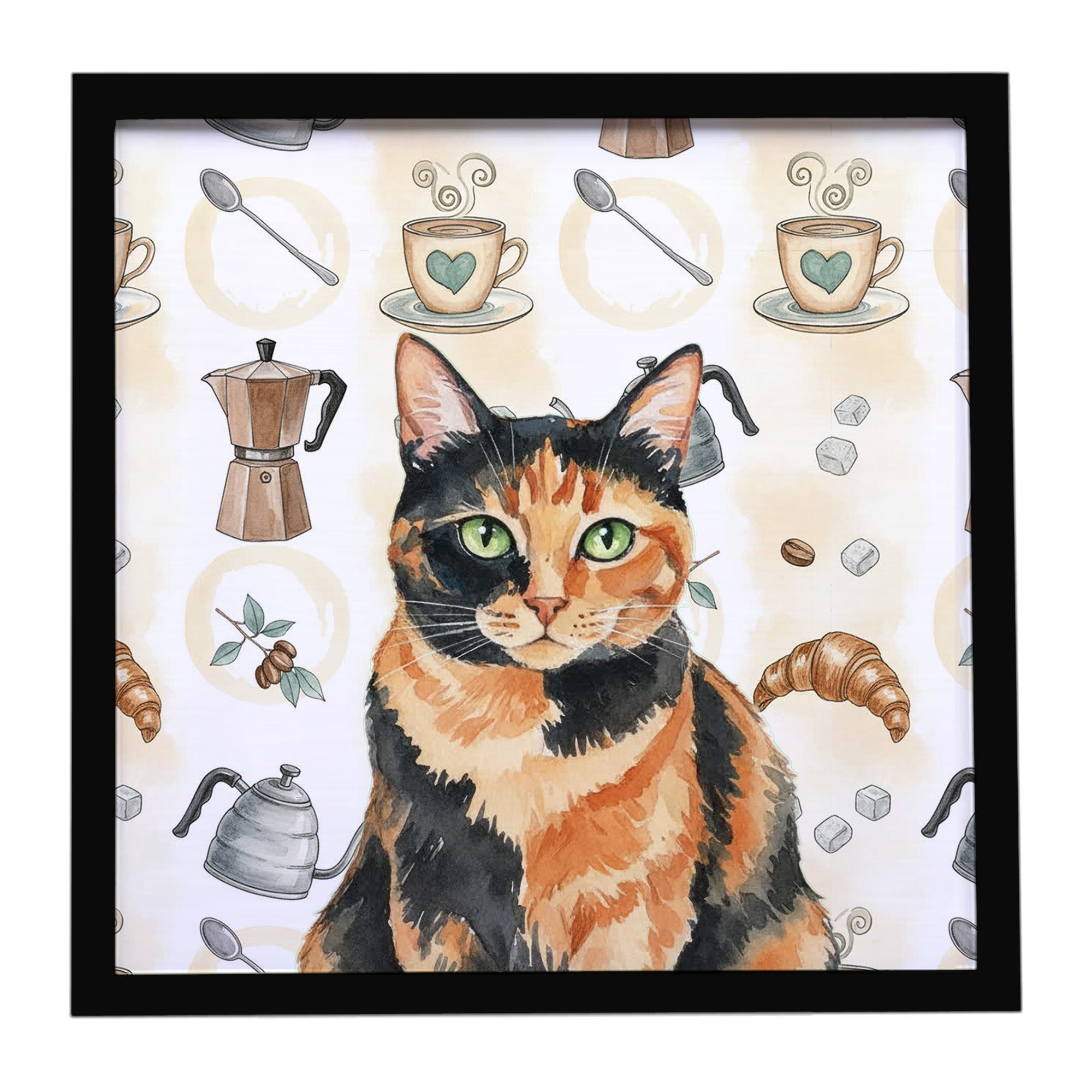 Tortoiseshell Cat Coffee Time Framed Metal Print Bathroom, Kitchen, Office, Home Decor Wall Art Ready to Hang, Square, 8X8
