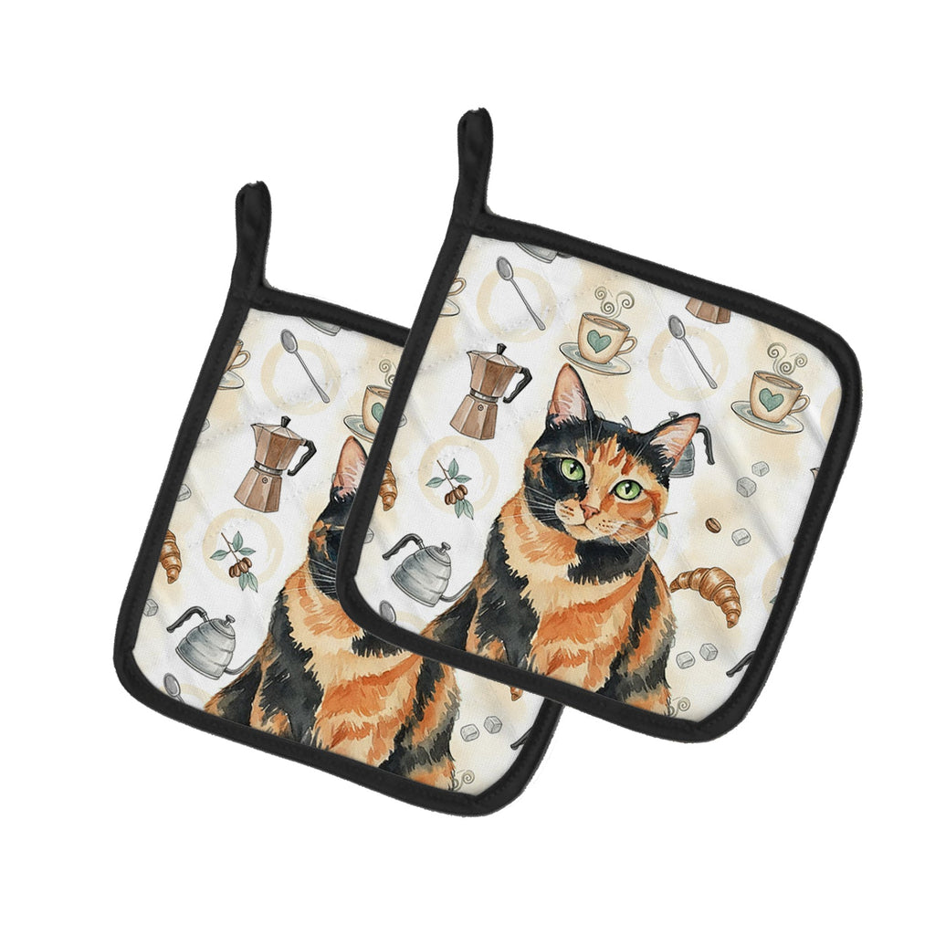 Tortoiseshell Cat Coffee Time Pot Holder Set of 2 Heat Resistant Quilted Hot Pads 7.5 x 7.5 Inch, Insulated Kitchen Trivets for Cooking & Baking