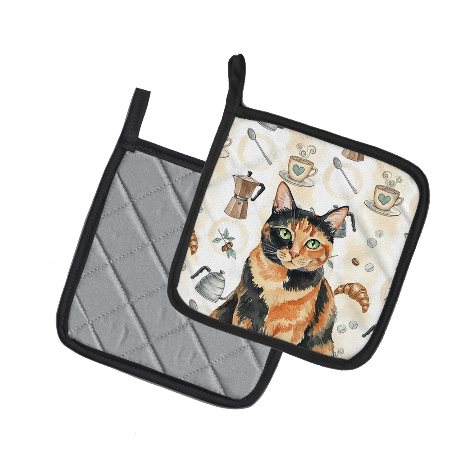 Tortoiseshell Cat Coffee Time Pot Holder Set of 2 Heat Resistant Quilted Hot Pads 7.5 x 7.5 Inch, Insulated Kitchen Trivets for Cooking & Baking