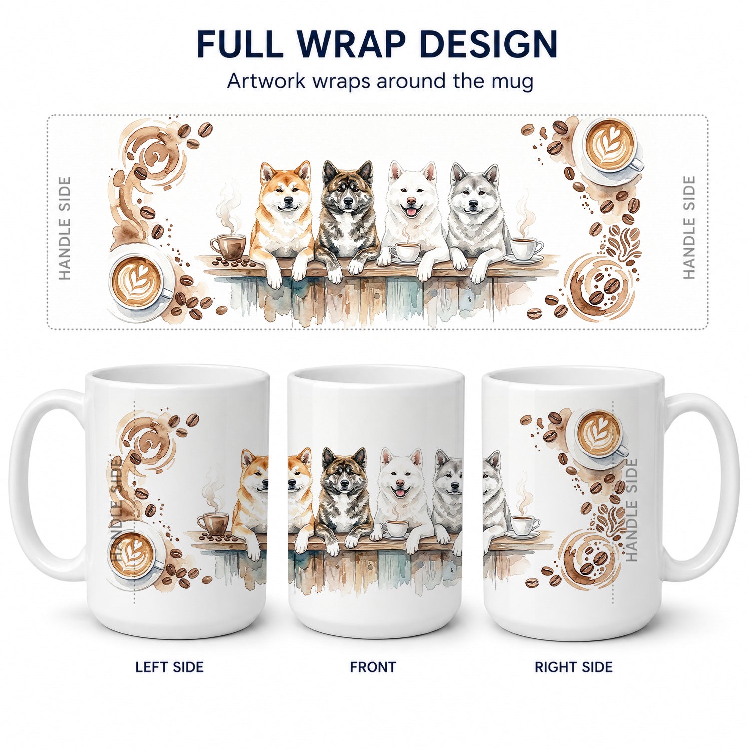 Akitas Morning Coffee Ceramic Coffee Mug 15 oz Decorative Large C Handle Mug Cup for Tea, Cocoa Hot Chocolate