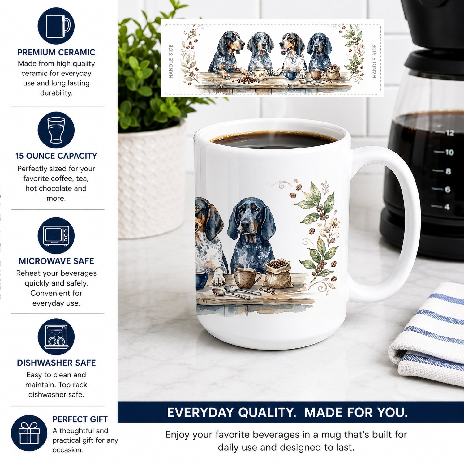 Bluetick Coonhounds Morning Coffee Ceramic Coffee Mug 15 oz Decorative Large C Handle Mug Cup for Tea, Cocoa Hot Chocolate