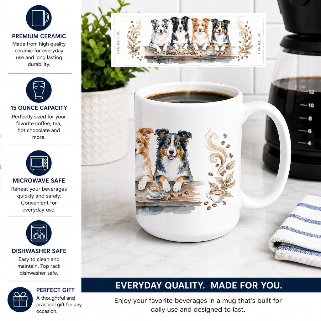 Border Collies Morning Coffee Ceramic Coffee Mug 15 oz Decorative Large C Handle Mug Cup for Tea, Cocoa Hot Chocolate