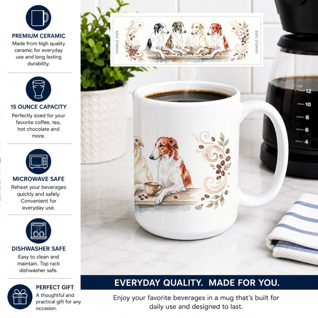 Borzois Morning Coffee Ceramic Coffee Mug 15 oz Decorative Large C Handle Mug Cup for Tea, Cocoa Hot Chocolate