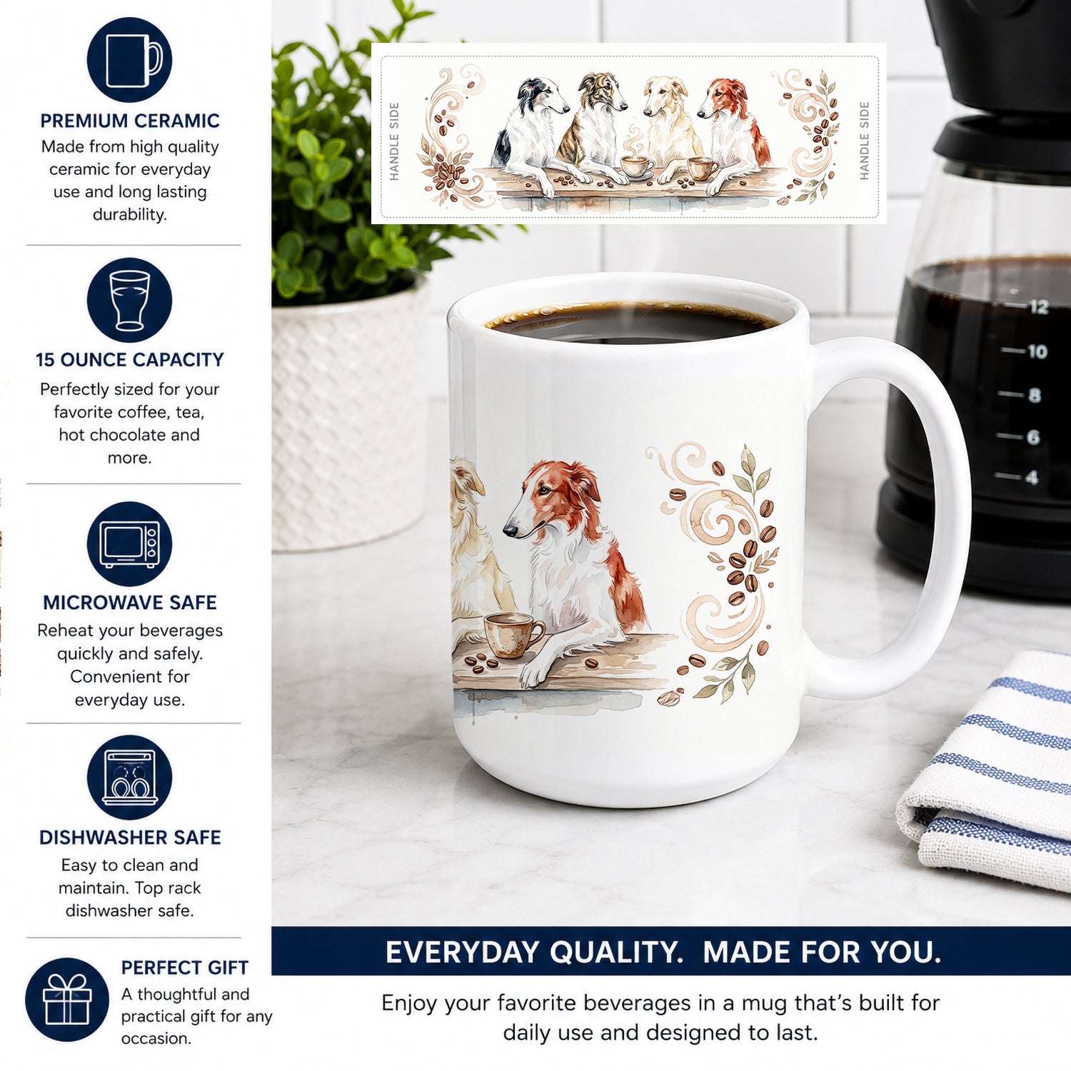 Borzois Morning Coffee Ceramic Coffee Mug 15 oz Decorative Large C Handle Mug Cup for Tea, Cocoa Hot Chocolate