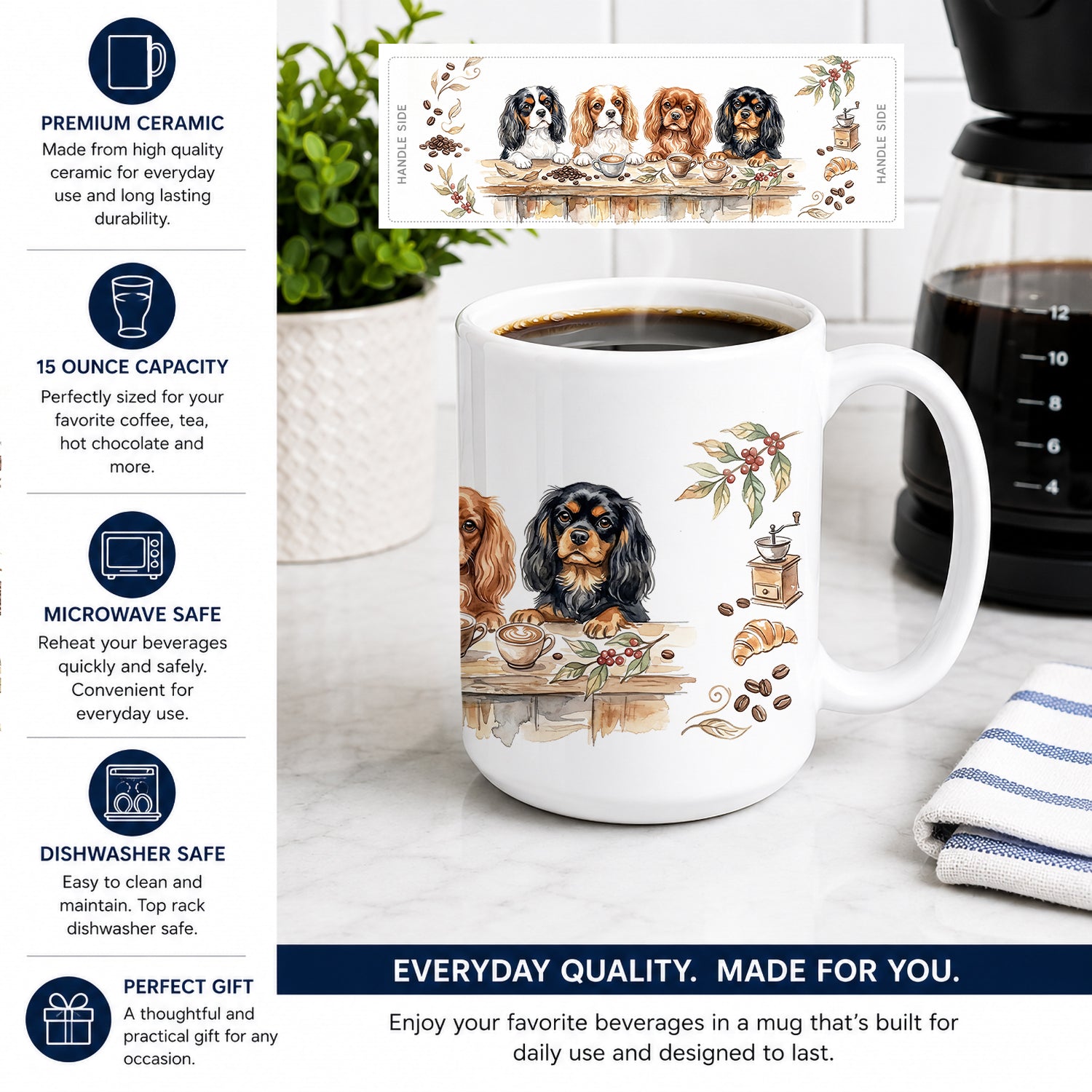 Cavalier Spaniels Morning Coffee Ceramic Coffee Mug 15 oz Decorative Large C Handle Mug Cup for Tea, Cocoa Hot Chocolate