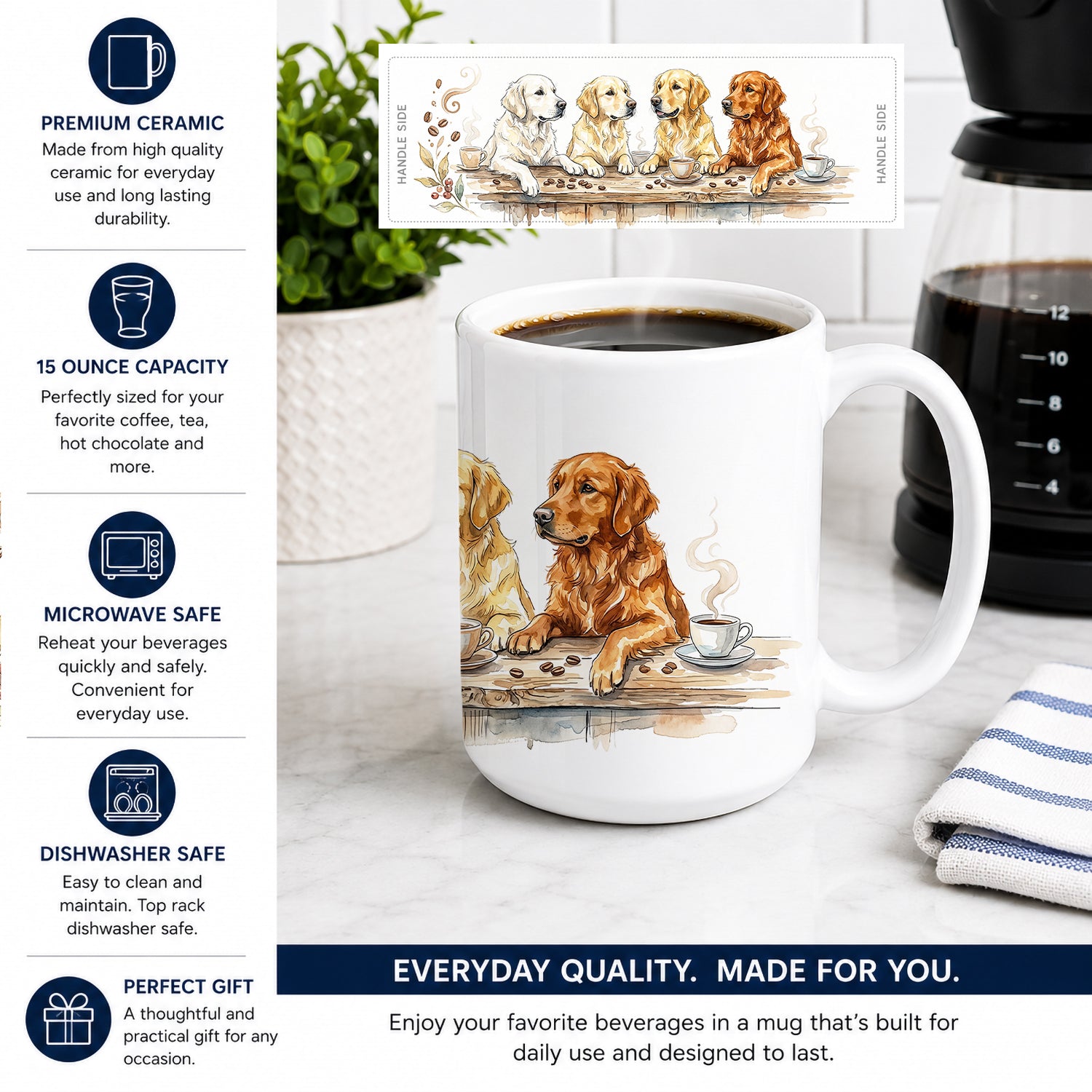 Golden Retrievers Morning Coffee Ceramic Coffee Mug 15 oz Decorative Large C Handle Mug Cup for Tea, Cocoa Hot Chocolate
