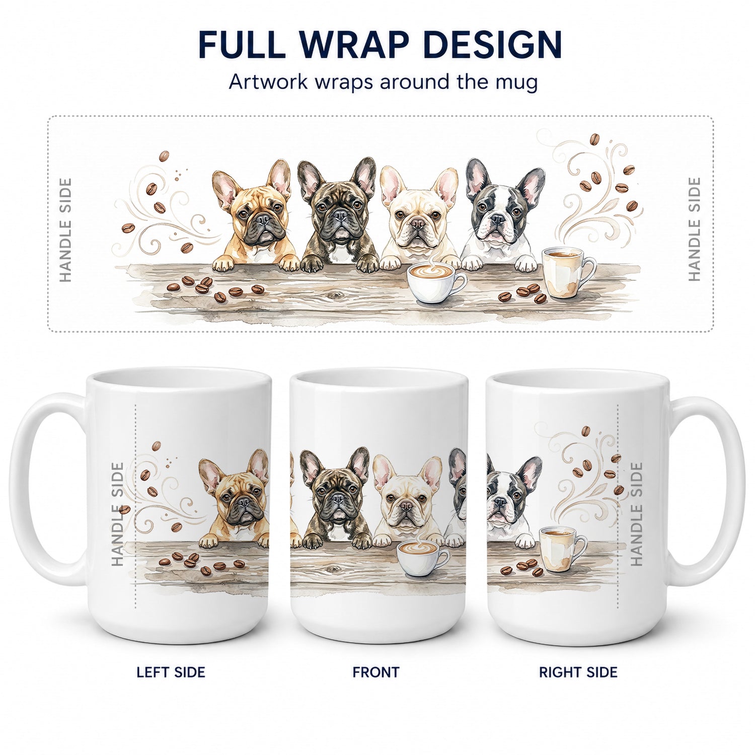 French Bulldogs Morning Coffee Ceramic Coffee Mug 15 oz Decorative Large C Handle Mug Cup for Tea, Cocoa Hot Chocolate