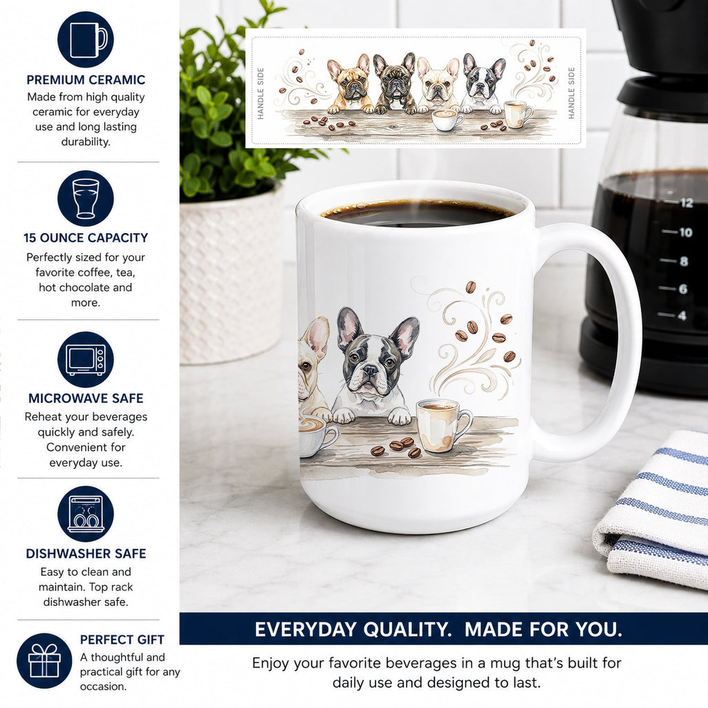 French Bulldogs Morning Coffee Ceramic Coffee Mug 15 oz Decorative Large C Handle Mug Cup for Tea, Cocoa Hot Chocolate