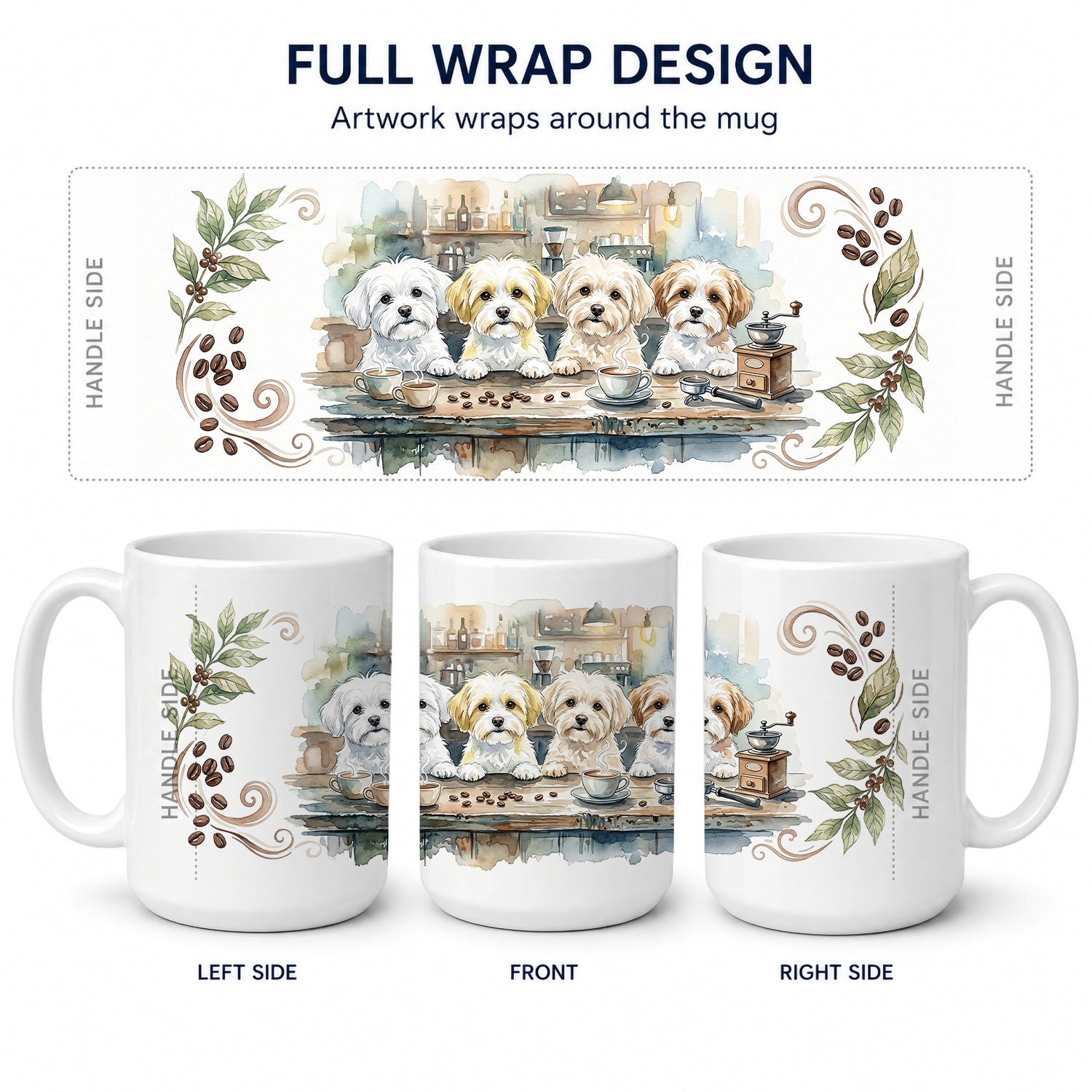 Maltese Morning Coffee Ceramic Coffee Mug 15 oz Decorative Large C Handle Mug Cup for Tea, Cocoa Hot Chocolate