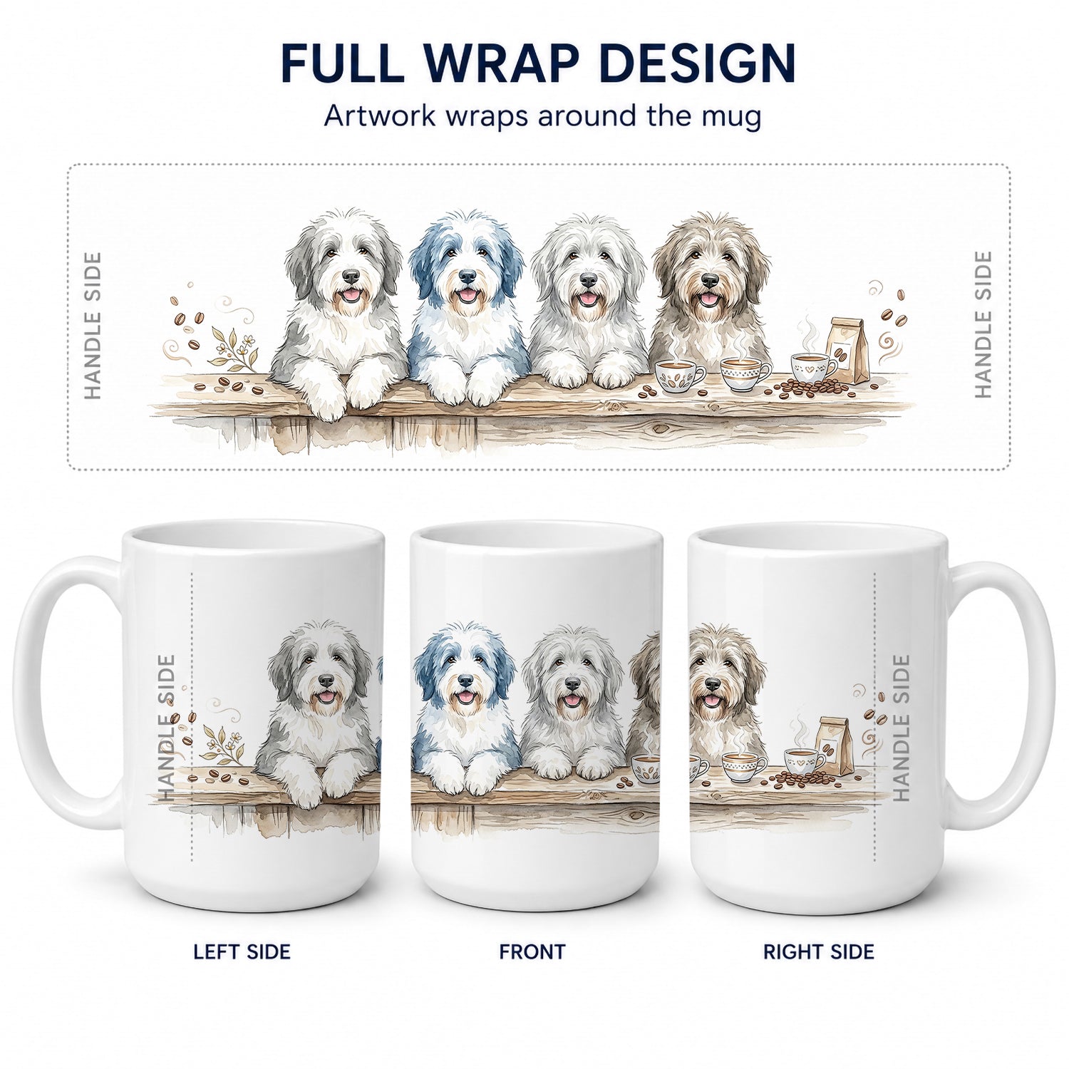 Old English Sheepdogs Morning Coffee Ceramic Coffee Mug 15 oz Decorative Large C Handle Mug Cup for Tea, Cocoa Hot Chocolate