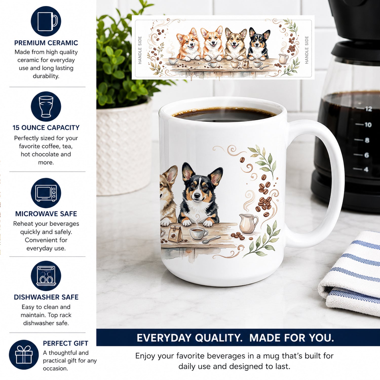 Pembroke Welsh Corgis Morning Coffee Ceramic Coffee Mug 15 oz Decorative Large C Handle Mug Cup for Tea, Cocoa Hot Chocolate