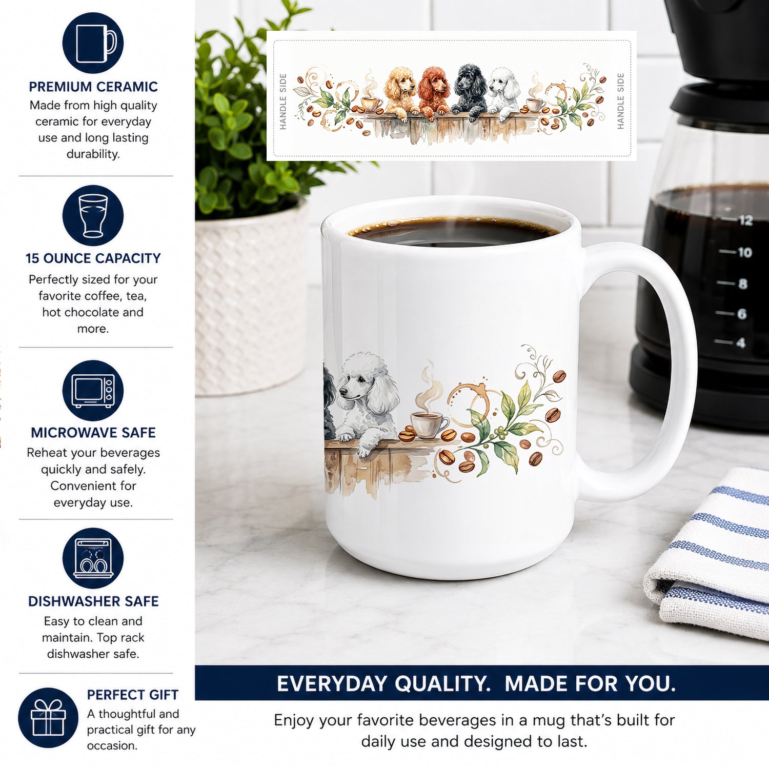 Poodles Morning Coffee Ceramic Coffee Mug 15 oz Decorative Large C Handle Mug Cup for Tea, Cocoa Hot Chocolate