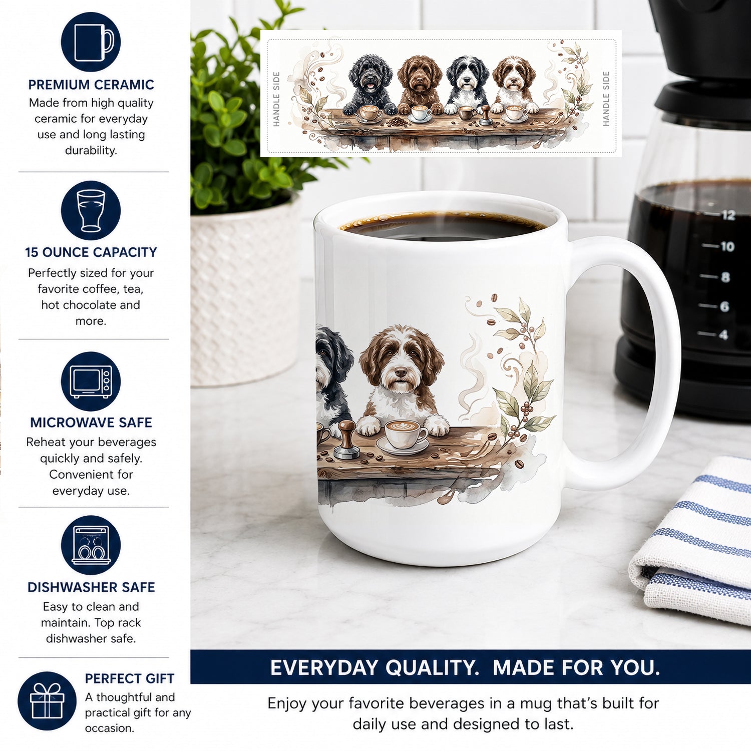 Portuguese Water Dogs Morning Coffee Ceramic Coffee Mug 15 oz Decorative Large C Handle Mug Cup for Tea, Cocoa Hot Chocolate