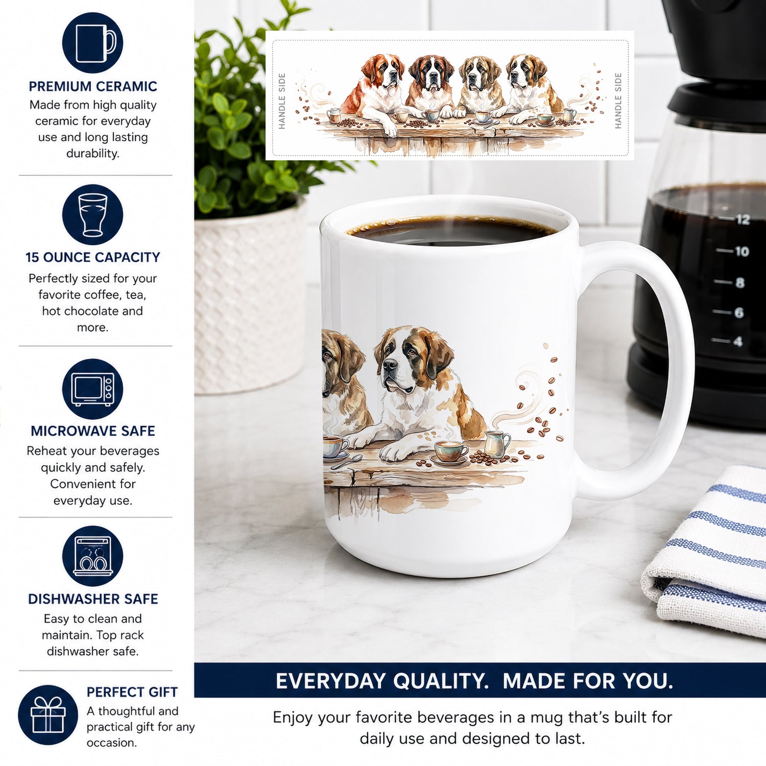 Saint Bernards Morning Coffee Ceramic Coffee Mug 15 oz Decorative Large C Handle Mug Cup for Tea, Cocoa Hot Chocolate