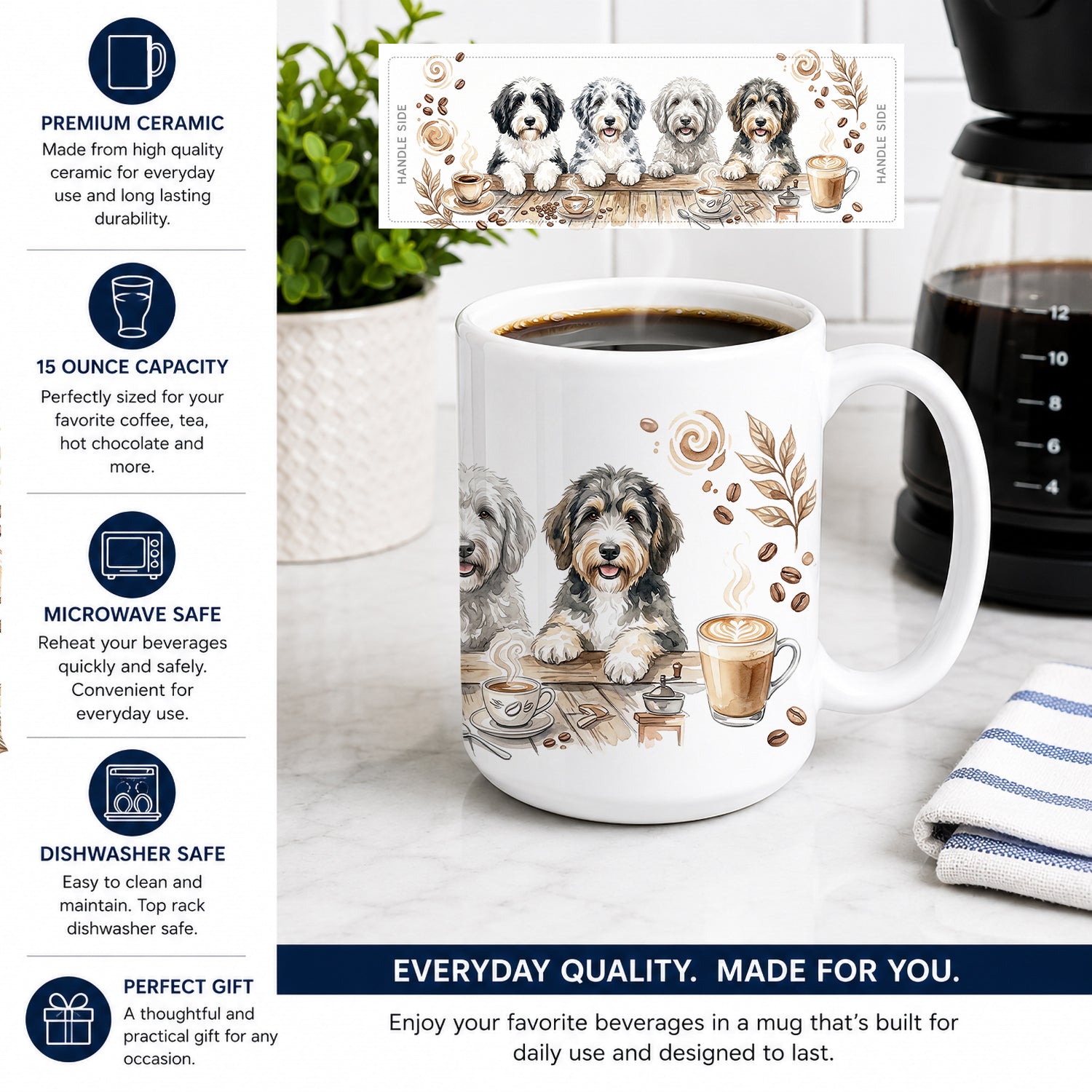 Sheepadoodles Morning Coffee Ceramic Coffee Mug 15 oz Decorative Large C Handle Mug Cup for Tea, Cocoa Hot Chocolate