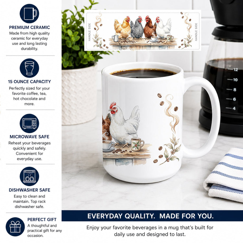 Backyard Chickens Morning Coffee Ceramic Coffee Mug 15 oz Decorative Large C Handle Mug Cup for Tea, Cocoa Hot Chocolate