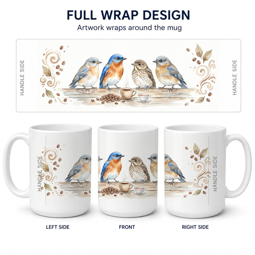 Bluebirds Morning Coffee Ceramic Coffee Mug 15 oz Decorative Large C Handle Mug Cup for Tea, Cocoa Hot Chocolate
