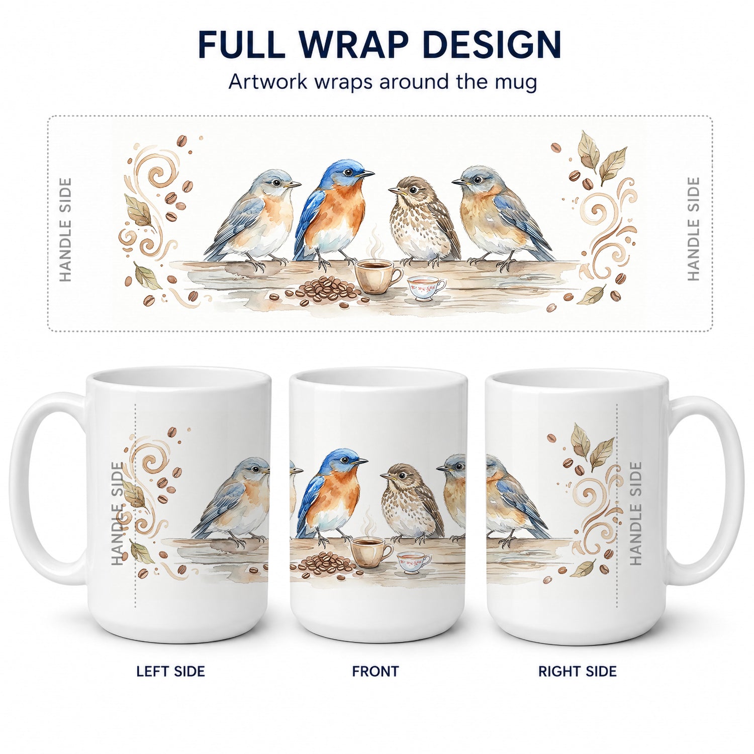 Bluebirds Morning Coffee Ceramic Coffee Mug 15 oz Decorative Large C Handle Mug Cup for Tea, Cocoa Hot Chocolate