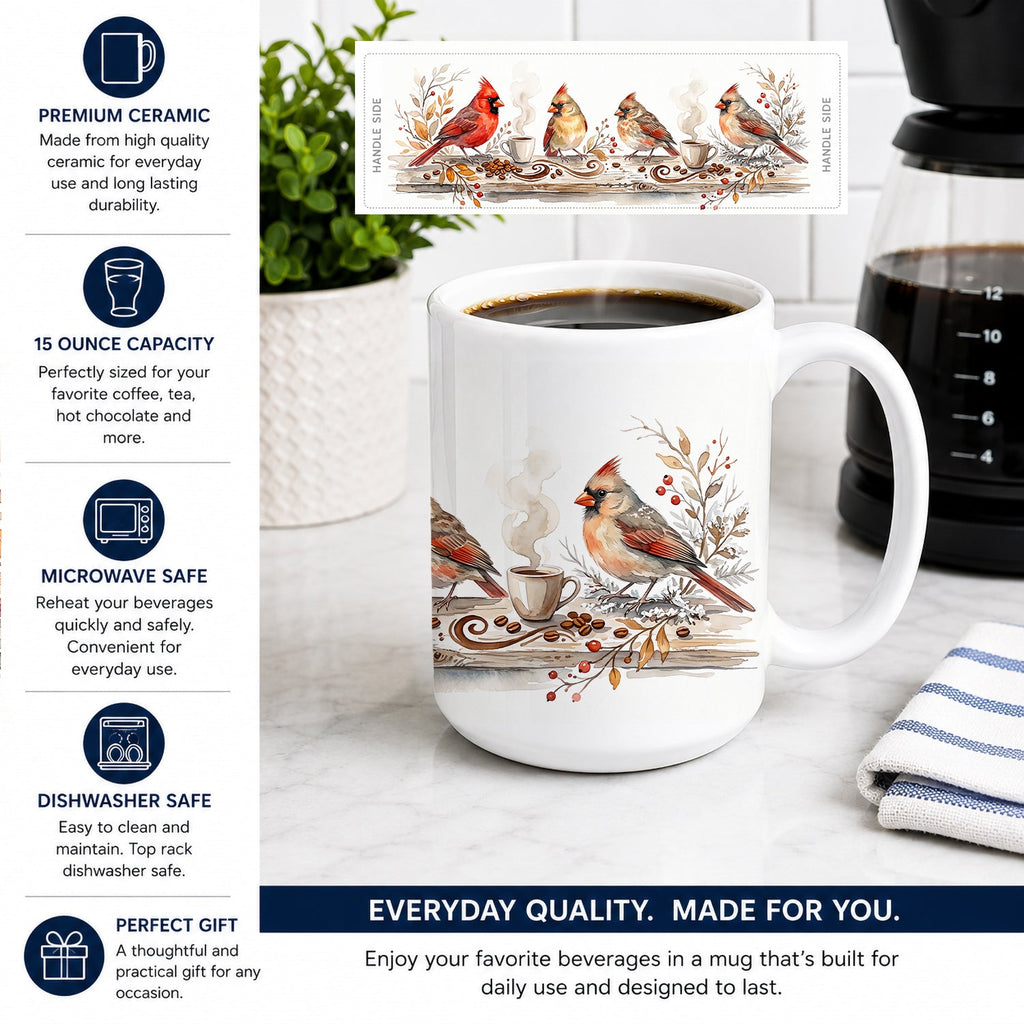 Cardinals Morning Coffee Ceramic Coffee Mug 15 oz Decorative Large C Handle Mug Cup for Tea, Cocoa Hot Chocolate