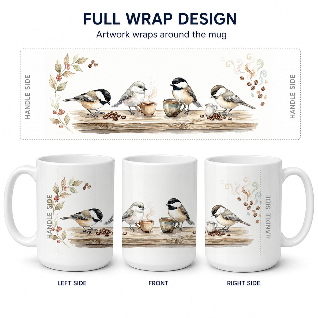 Chickadees Botanical Perch Morning Coffee Ceramic Coffee Mug 15 oz Decorative Large C Handle Mug Cup for Tea, Cocoa Hot Chocolate