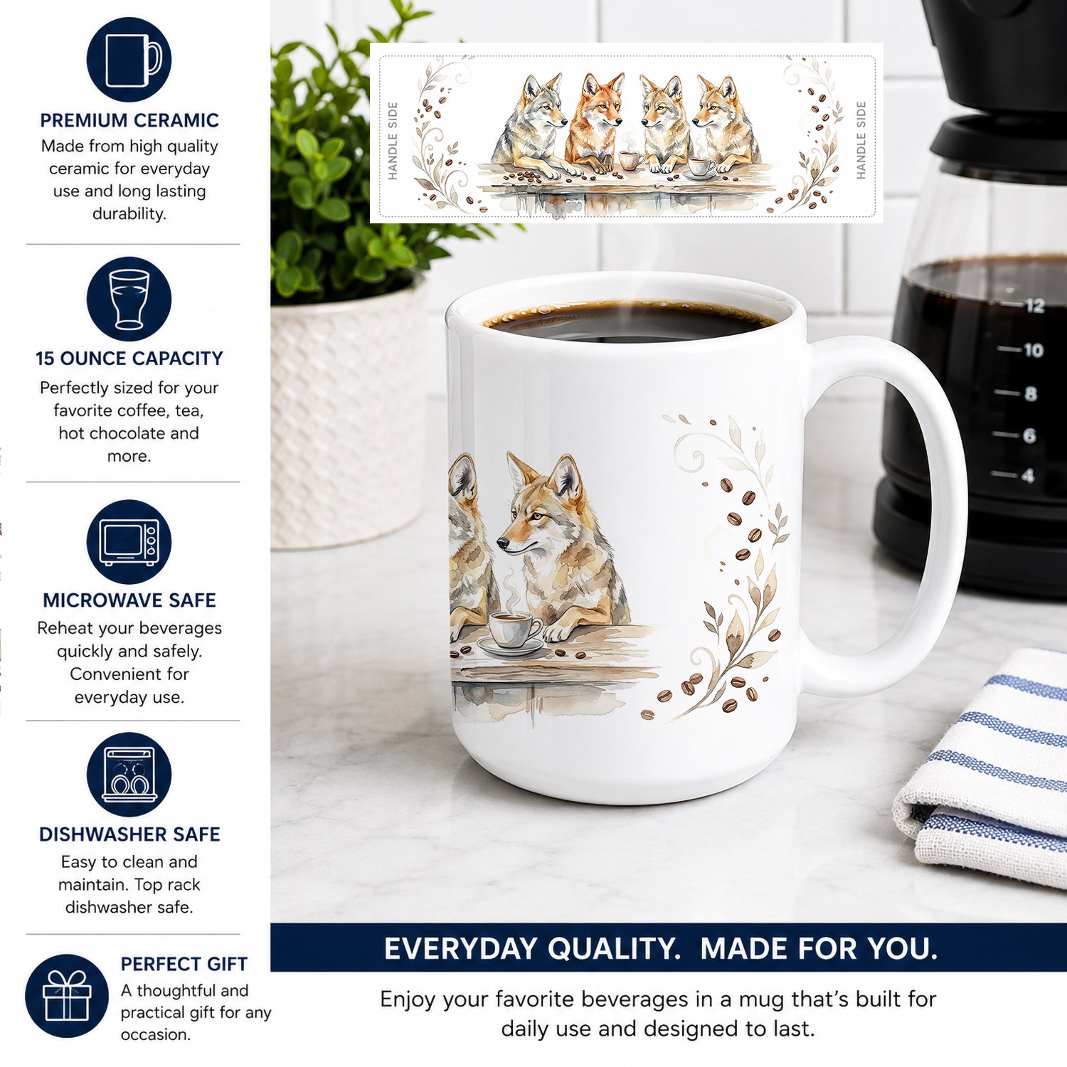 Coyotes Morning Coffee Ceramic Coffee Mug 15 oz Decorative Large C Handle Mug Cup for Tea, Cocoa Hot Chocolate