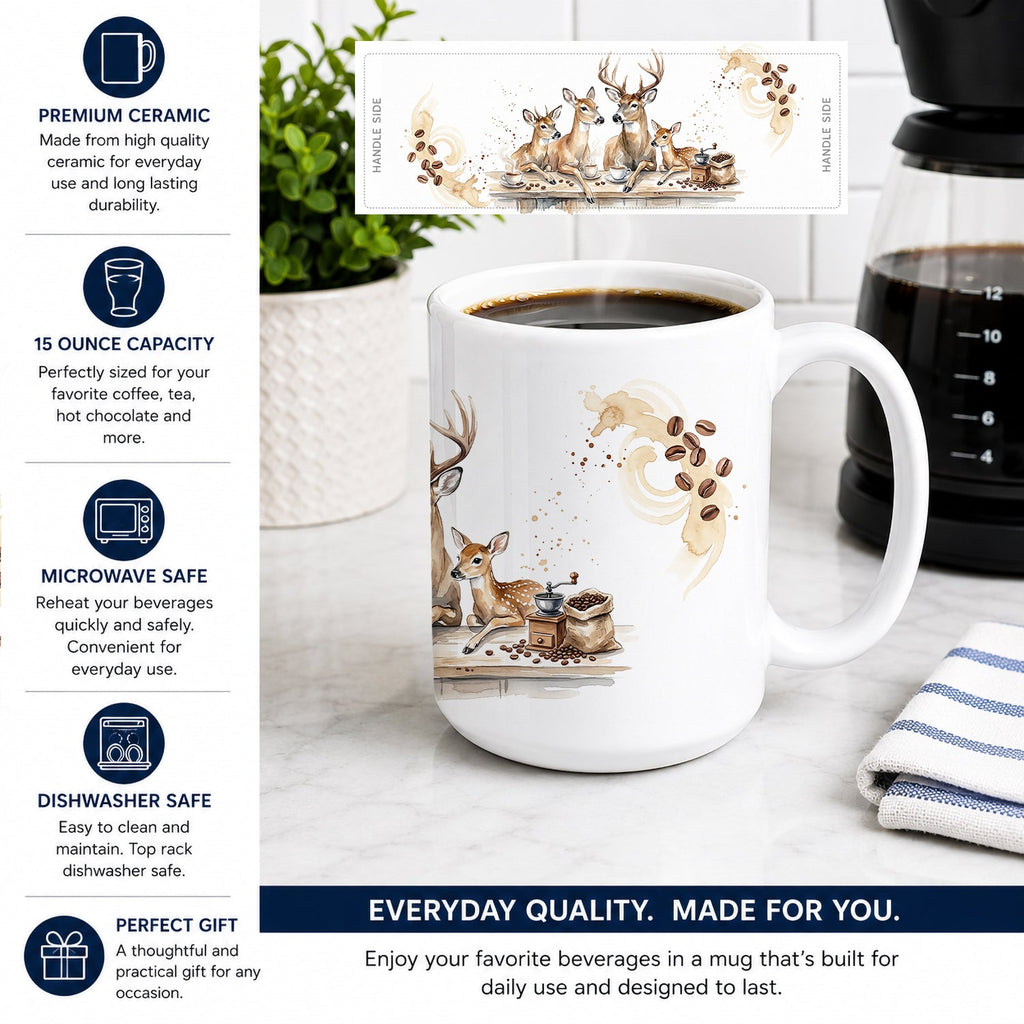 Deer Morning Coffee Ceramic Coffee Mug 15 oz Decorative Large C Handle Mug Cup for Tea, Cocoa Hot Chocolate