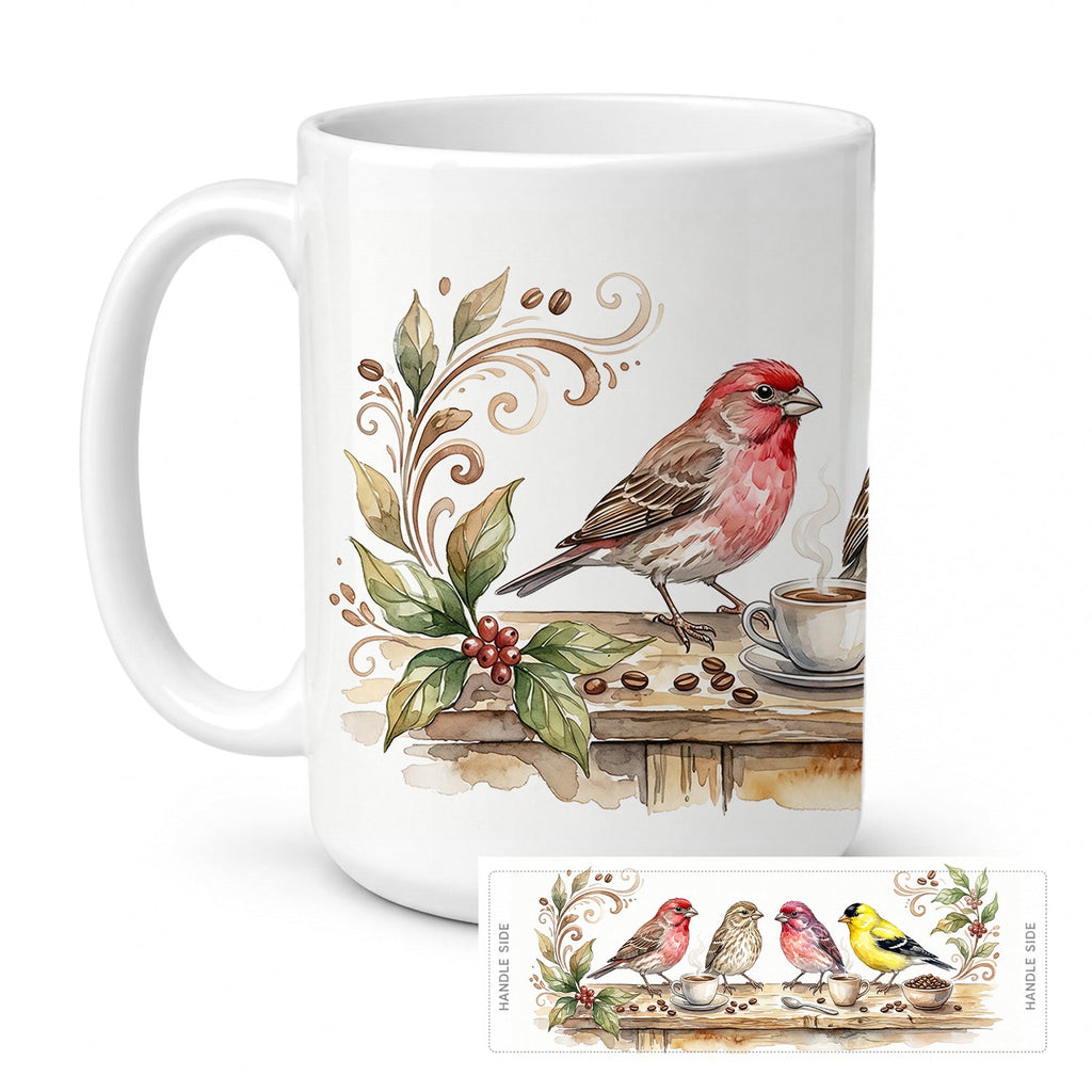 Finches Morning Coffee Ceramic Coffee Mug 15 oz Decorative Large C Handle Mug Cup for Tea, Cocoa Hot Chocolate