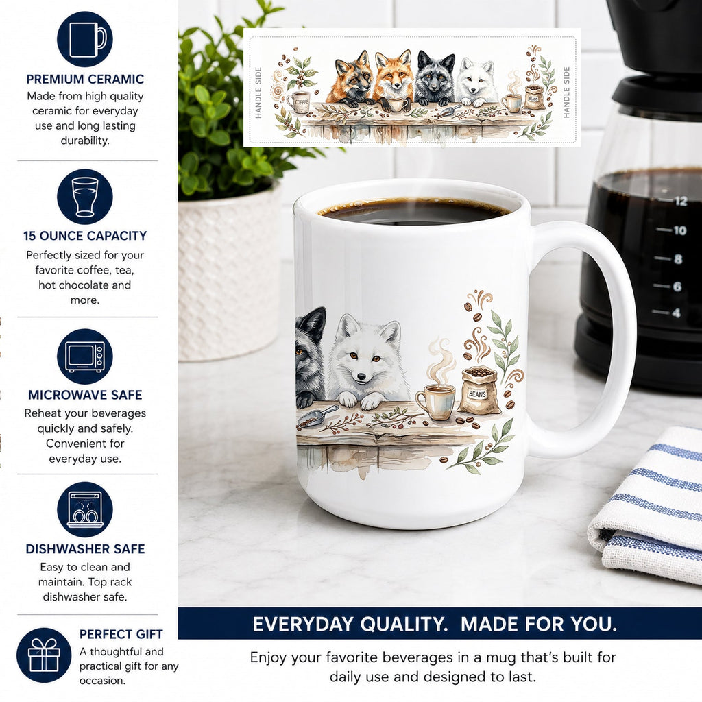 Foxes Morning Coffee Ceramic Coffee Mug 15 oz Decorative Large C Handle Mug Cup for Tea, Cocoa Hot Chocolate