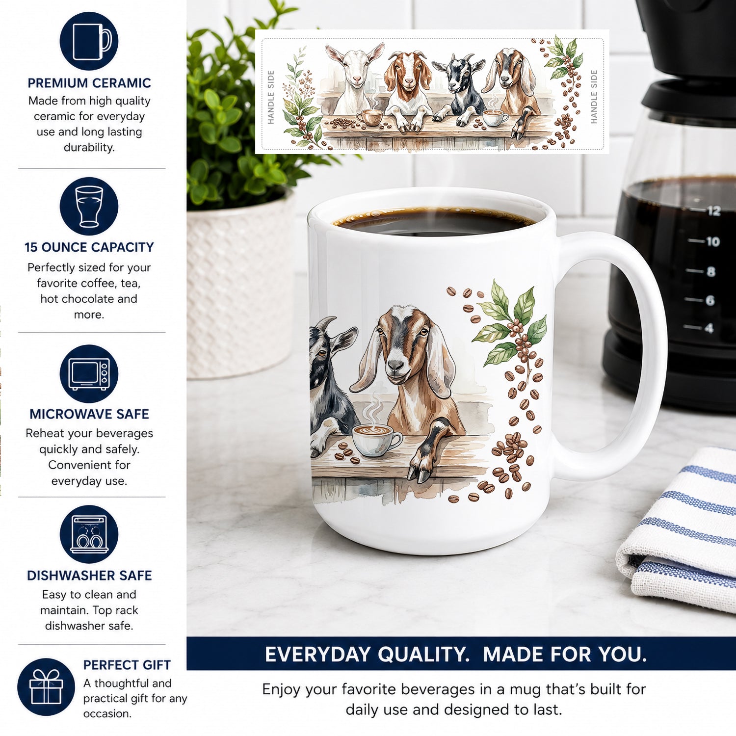 Goats Morning Coffee Ceramic Coffee Mug 15 oz Decorative Large C Handle Mug Cup for Tea, Cocoa Hot Chocolate