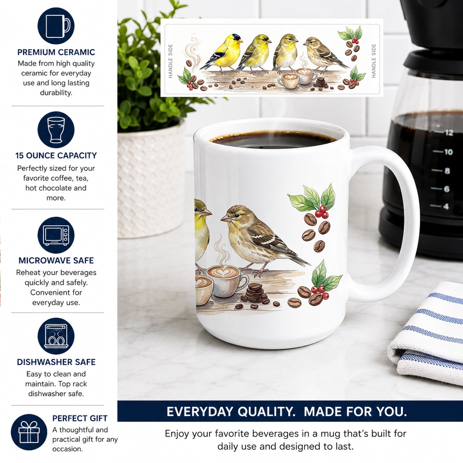Goldfinches Morning Coffee Ceramic Coffee Mug 15 oz Decorative Large C Handle Mug Cup for Tea, Cocoa Hot Chocolate