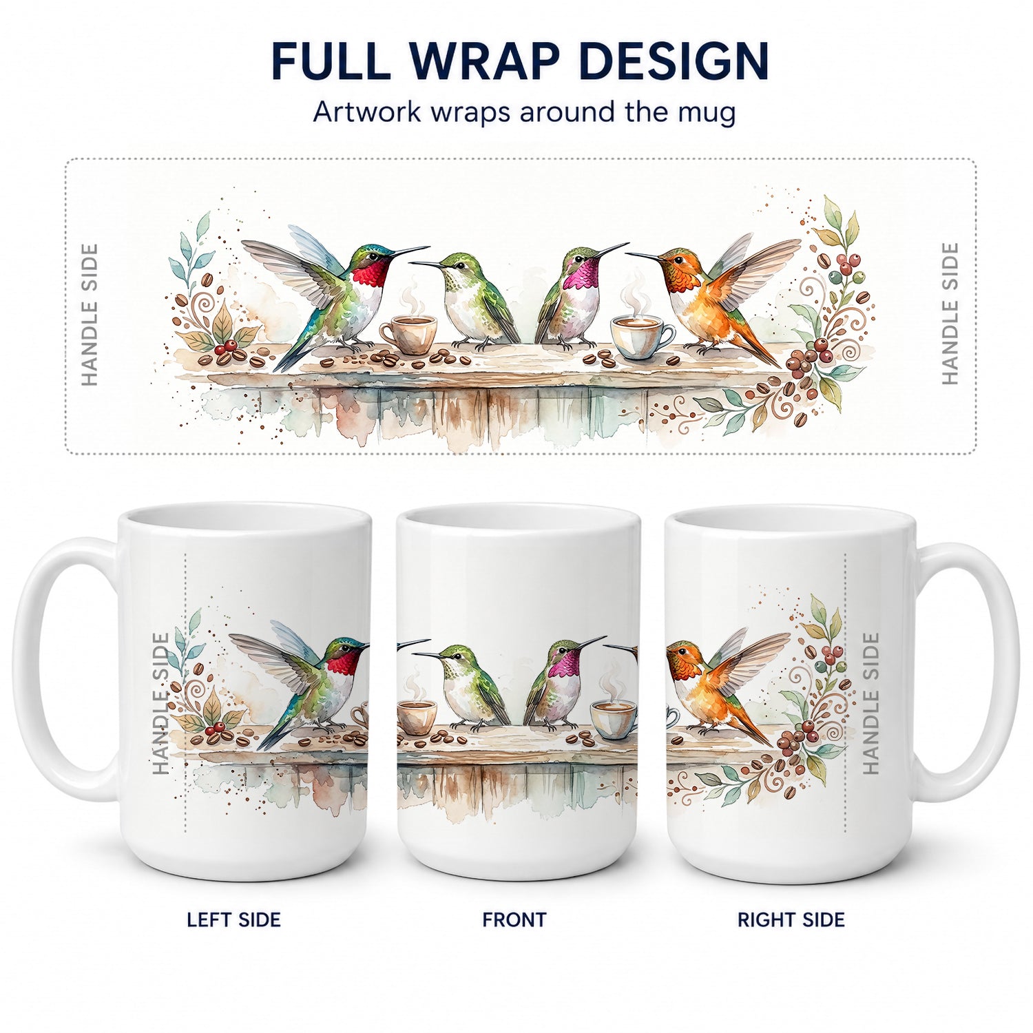 Hummingbirds Morning Coffee Ceramic Coffee Mug 15 oz Decorative Large C Handle Mug Cup for Tea, Cocoa Hot Chocolate