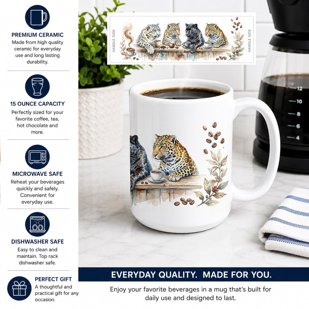 Leopards Morning Coffee Ceramic Coffee Mug 15 oz Decorative Large C Handle Mug Cup for Tea, Cocoa Hot Chocolate