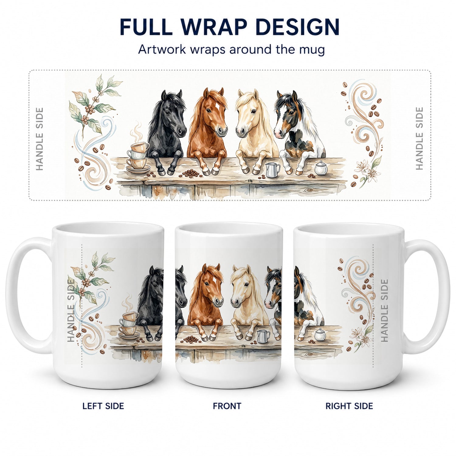 Miniature Horses Morning Coffee Ceramic Coffee Mug 15 oz Decorative Large C Handle Mug Cup for Tea, Cocoa Hot Chocolate