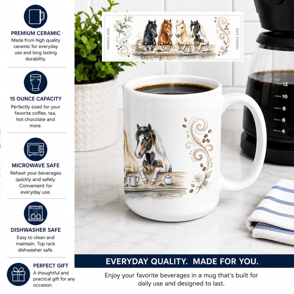 Miniature Horses Morning Coffee Ceramic Coffee Mug 15 oz Decorative Large C Handle Mug Cup for Tea, Cocoa Hot Chocolate