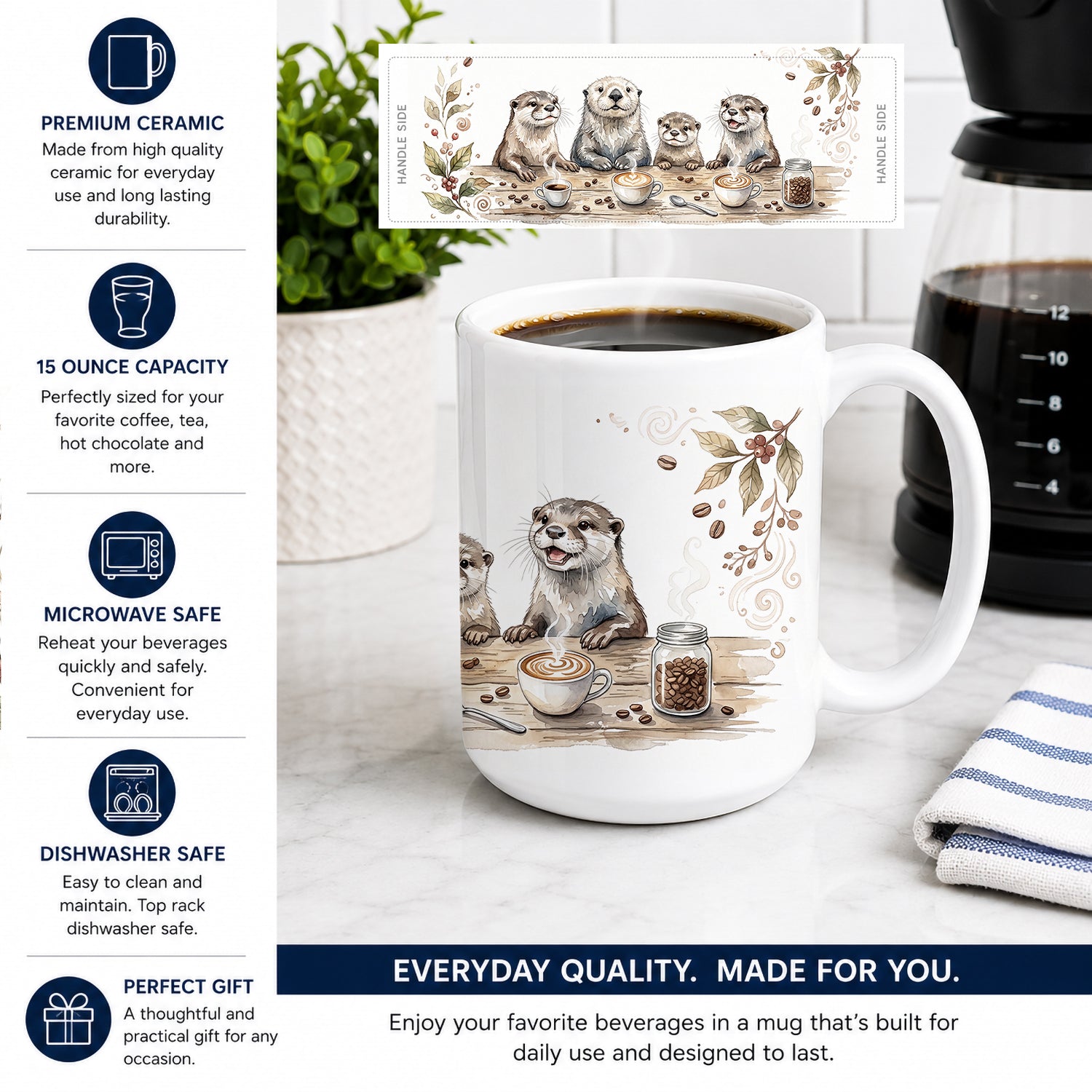 Otters Morning Coffee Ceramic Coffee Mug 15 oz Decorative Large C Handle Mug Cup for Tea, Cocoa Hot Chocolate