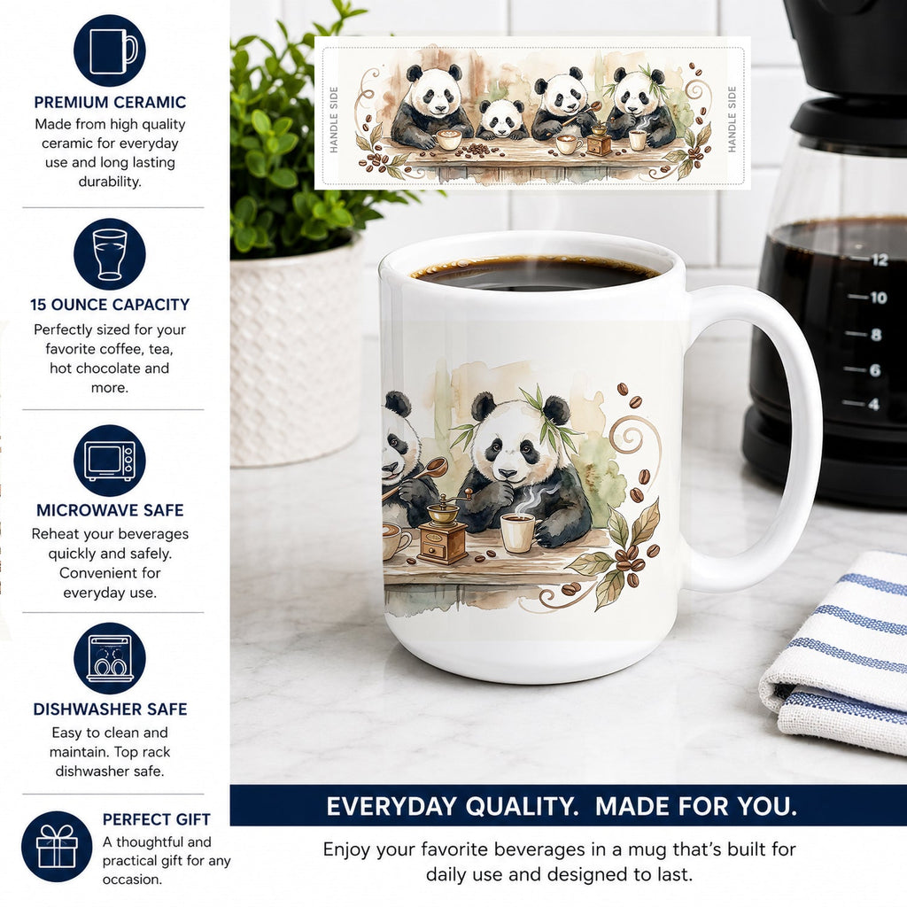 Pandas Morning Coffee Ceramic Coffee Mug 15 oz Decorative Large C Handle Mug Cup for Tea, Cocoa Hot Chocolate