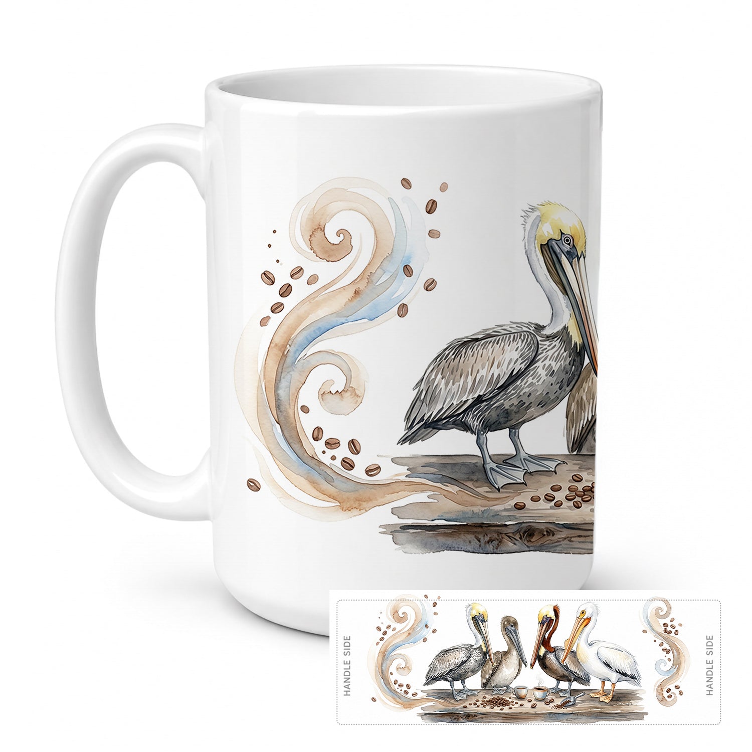 Pelicans Morning Coffee Ceramic Coffee Mug 15 oz Decorative Large C Handle Mug Cup for Tea, Cocoa Hot Chocolate