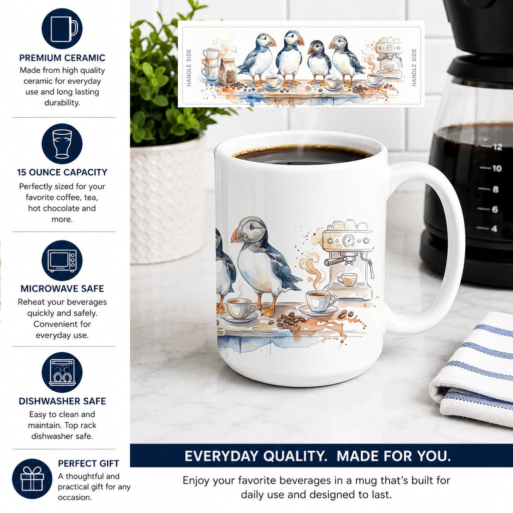 Puffins Morning Coffee Ceramic Coffee Mug 15 oz Decorative Large C Handle Mug Cup for Tea, Cocoa Hot Chocolate