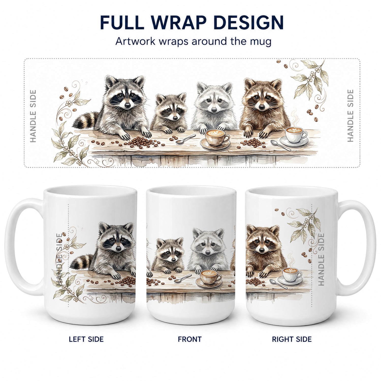 Raccoons Morning Coffee Ceramic Coffee Mug 15 oz Decorative Large C Handle Mug Cup for Tea, Cocoa Hot Chocolate