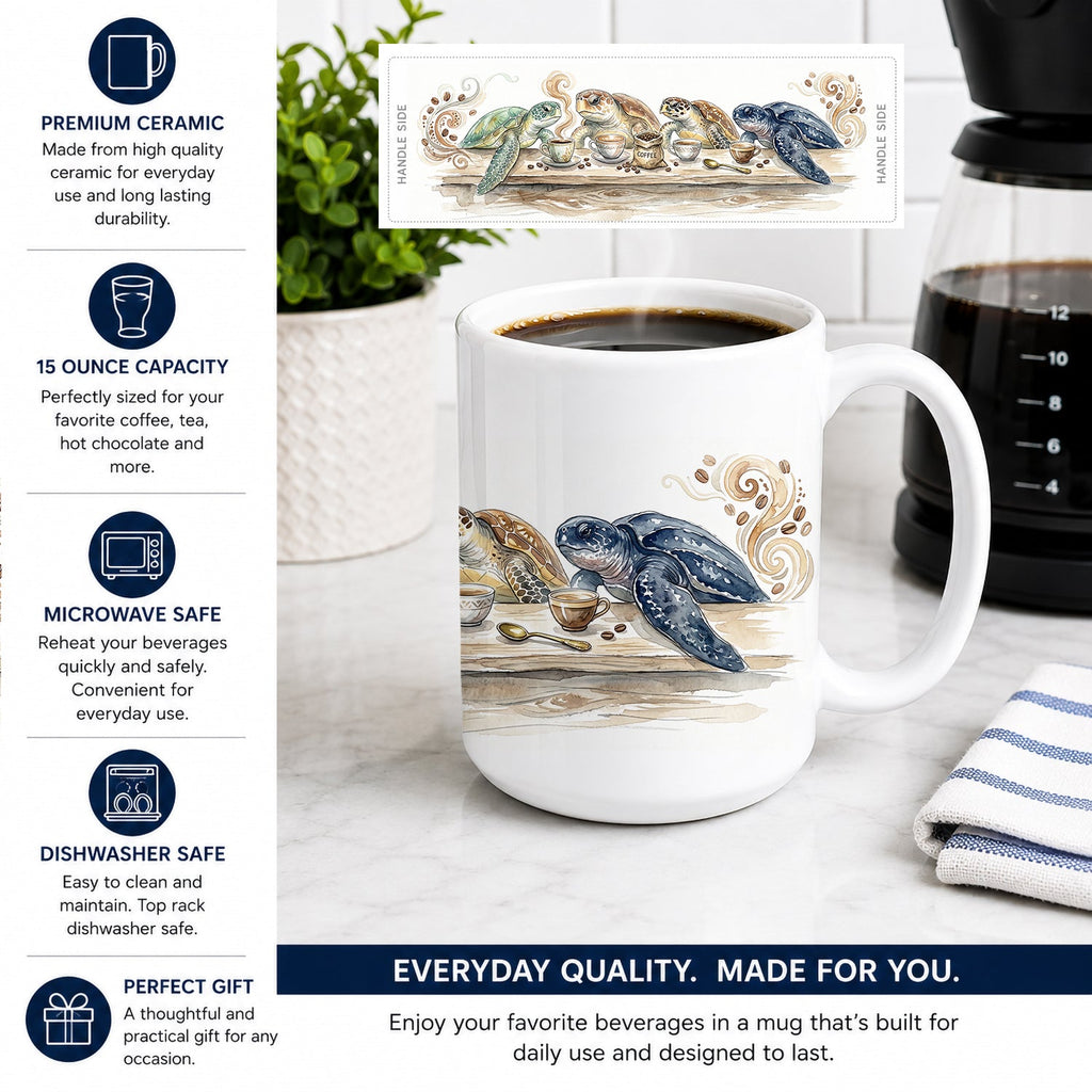 Sea Turtles Morning Coffee Ceramic Coffee Mug 15 oz Decorative Large C Handle Mug Cup for Tea, Cocoa Hot Chocolate
